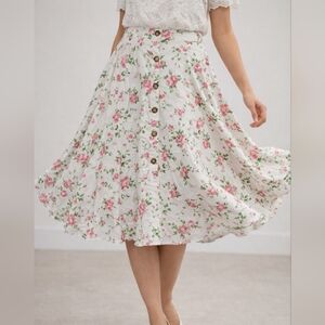 Belle Poque Cottagecore Floral Midi Skirt Cottage Button Front Pink Roses L
